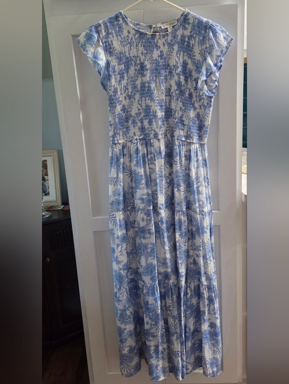 Blue and White Floral Smocked Maxi Dress